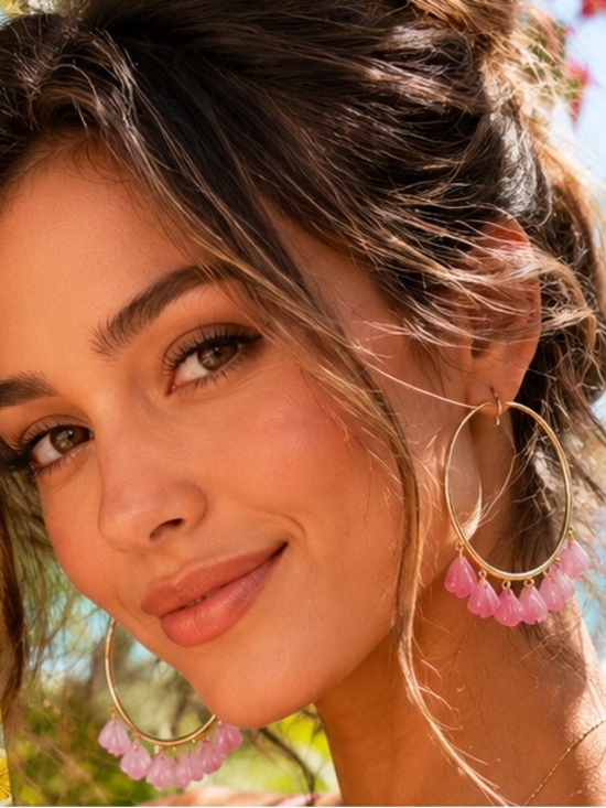 Nicole Miller Jewelry - Nicole Miller Gold Pink Teardrop Hoop Earrings with Pink Crystal summer Seashels